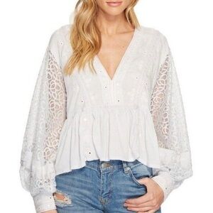 Free People Pale Blue Lace Blouse with Balloon Sleeves